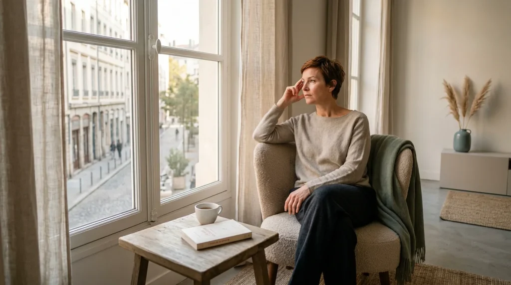 Femme sereine en introspection près d'une fenêtre lumineuse