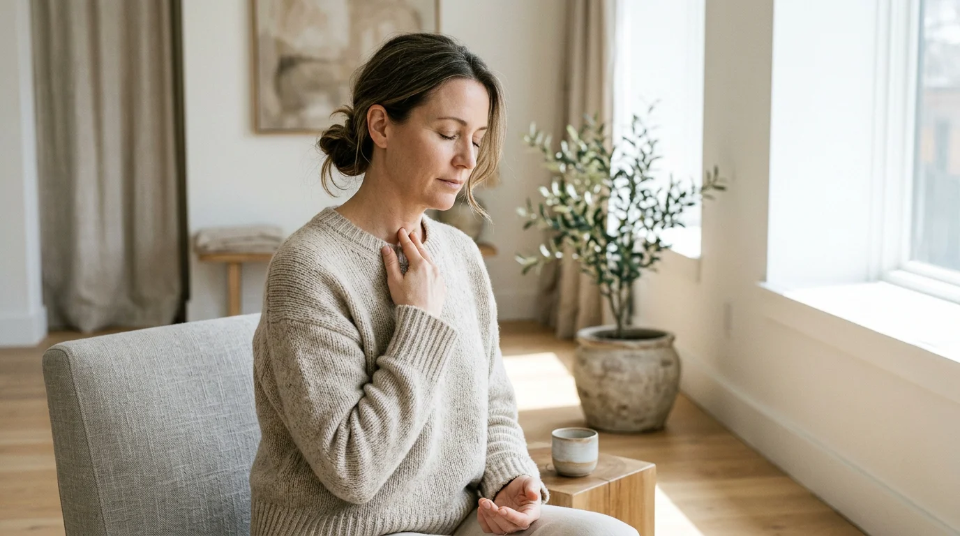 Femme pratiquant le tapping EFT en tapotant un point sur la clavicule