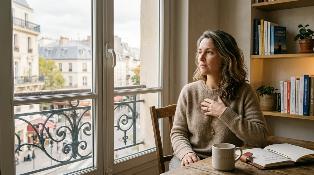 Femme entrepreneure en pleine introspection émotionnelle près d'une fenêtre