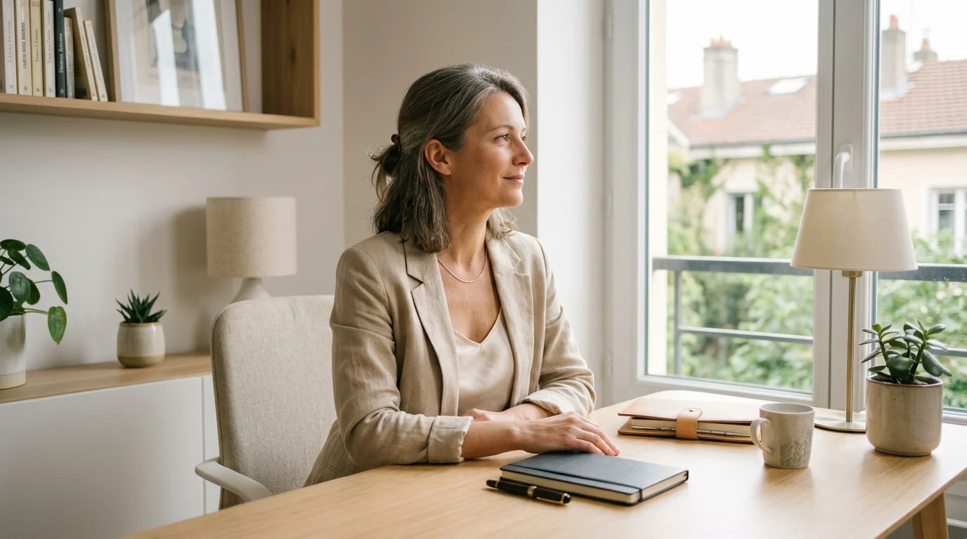 Femme entrepreneure sereine après un travail de libération émotionnelle