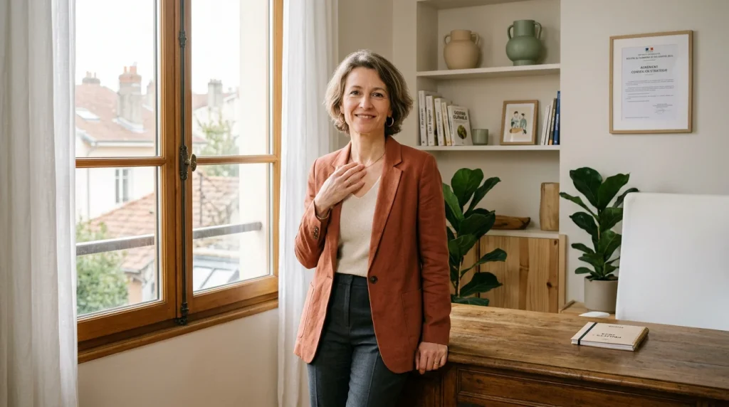 Femme entrepreneure pratiquant le tapping EFT dans un bureau lumineux