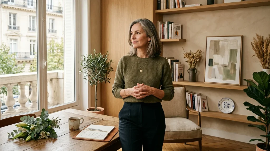 Femme entrepreneure sereine dans une lumière naturelle douce