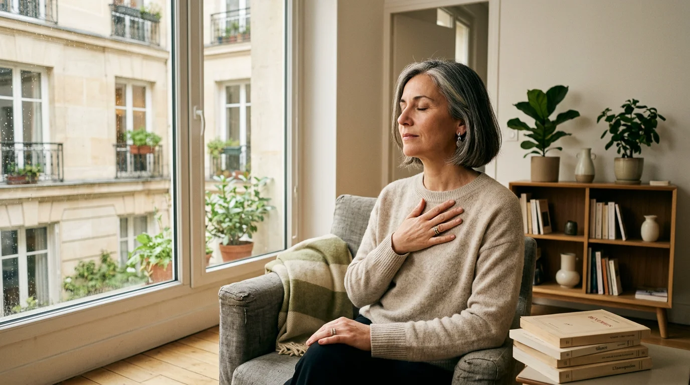 Femme en introspection apaisée près d'une fenêtre lumineuse