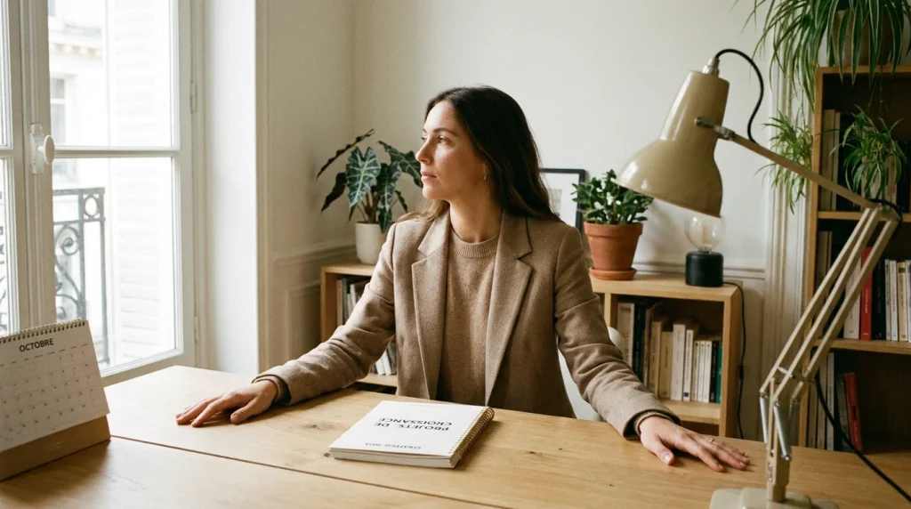 Femme entrepreneure en réflexion face à ses blocages émotionnels liés à l'anxiété