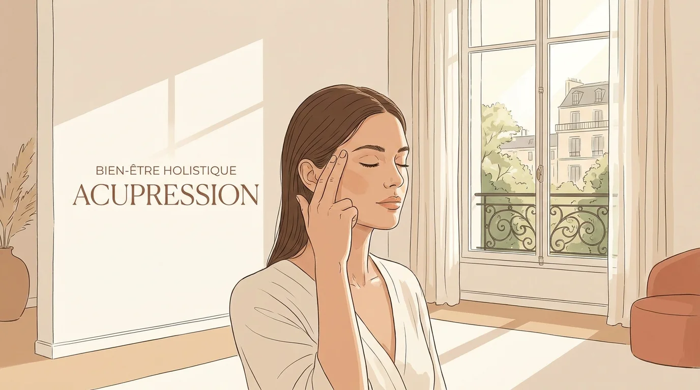 Femme pratiquant le tapping sur un point d'acupression du visage pour soulager l'anxiété