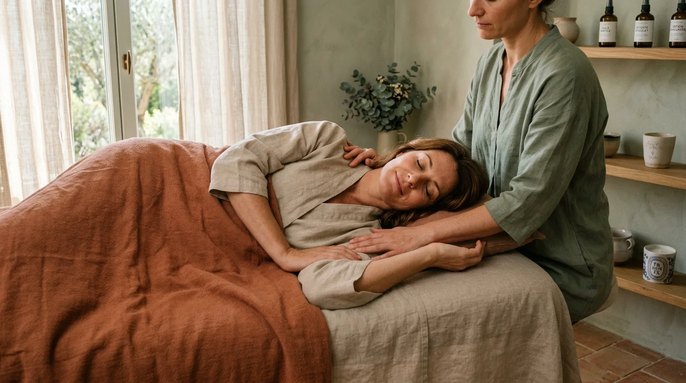 Femme détendue lors d'une séance de massage de libération émotionnelle