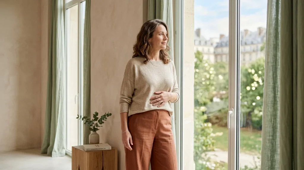 Femme sereine près d'une fenêtre illustrant l'harmonie de la relation corps esprit