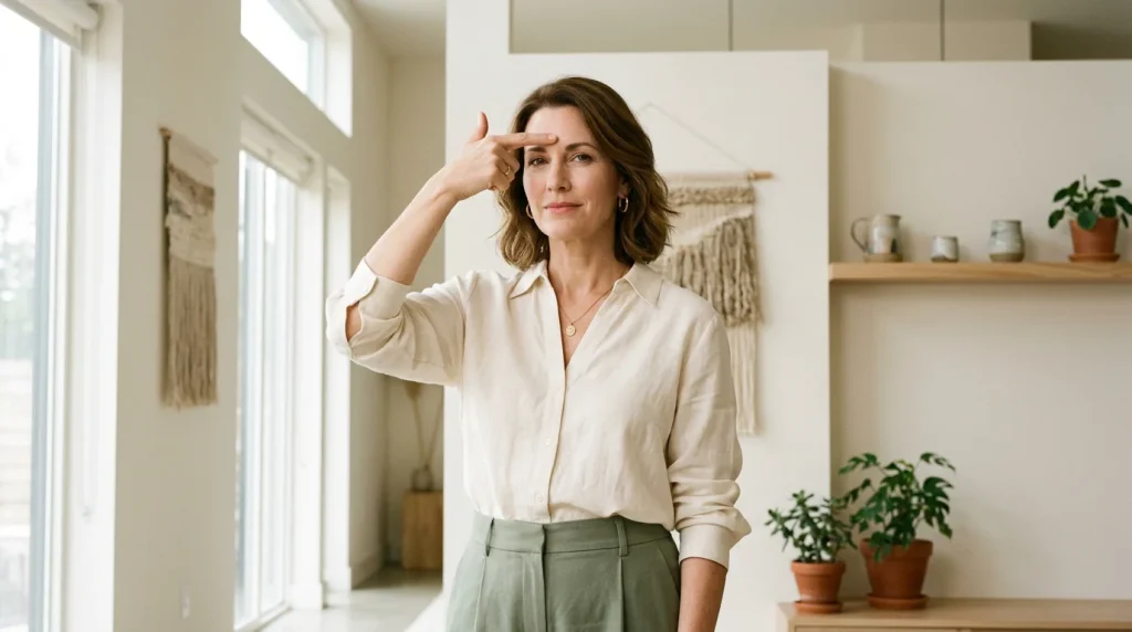 Femme sereine pratiquant un point de tapping dans un intérieur lumineux