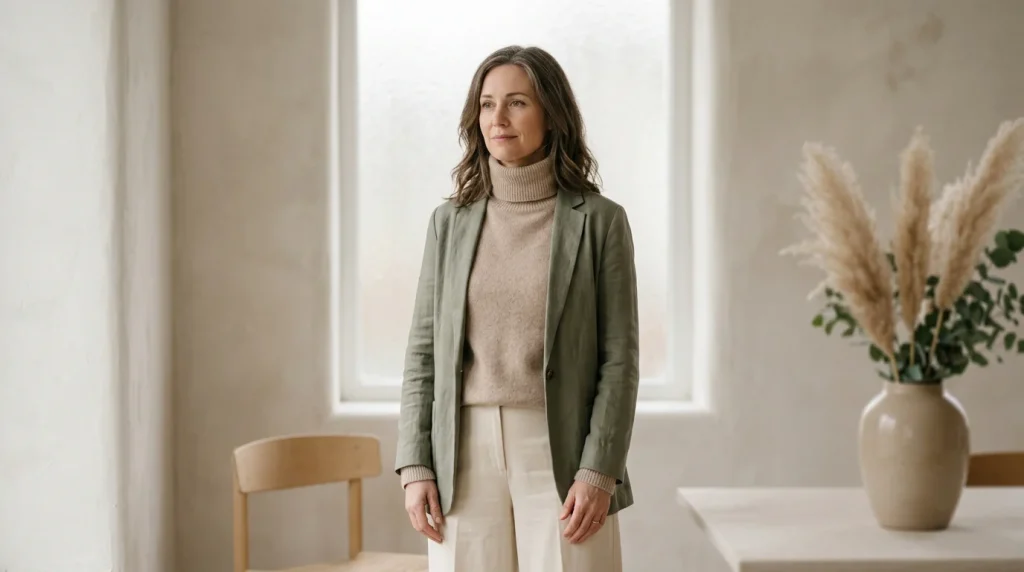 Femme sereine dans une lumière douce évoquant l'apaisement intérieur