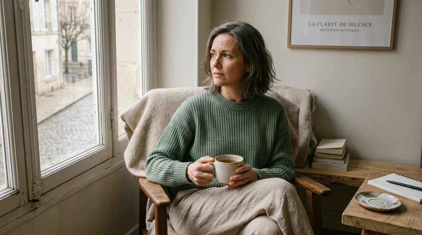 Femme pensive près d'une fenêtre illustrant une tension intérieure