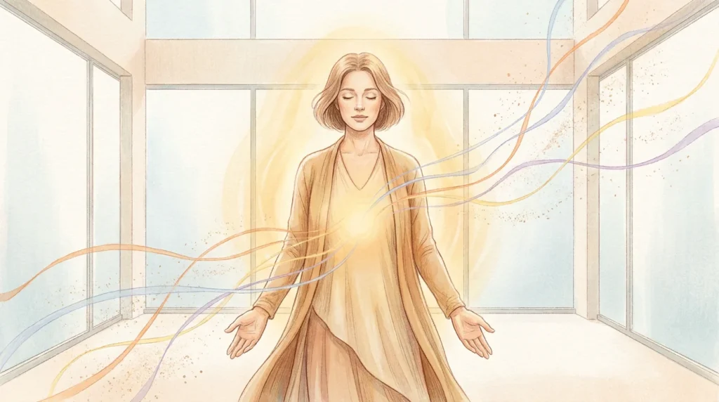 Femme en pleine libération émotionnelle entourée de lumière dorée