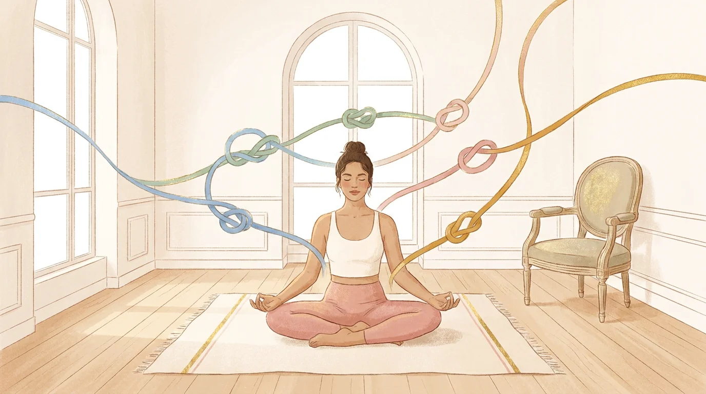 Femme en méditation entourée de nœuds symbolisant les blocages émotionnels inconscients