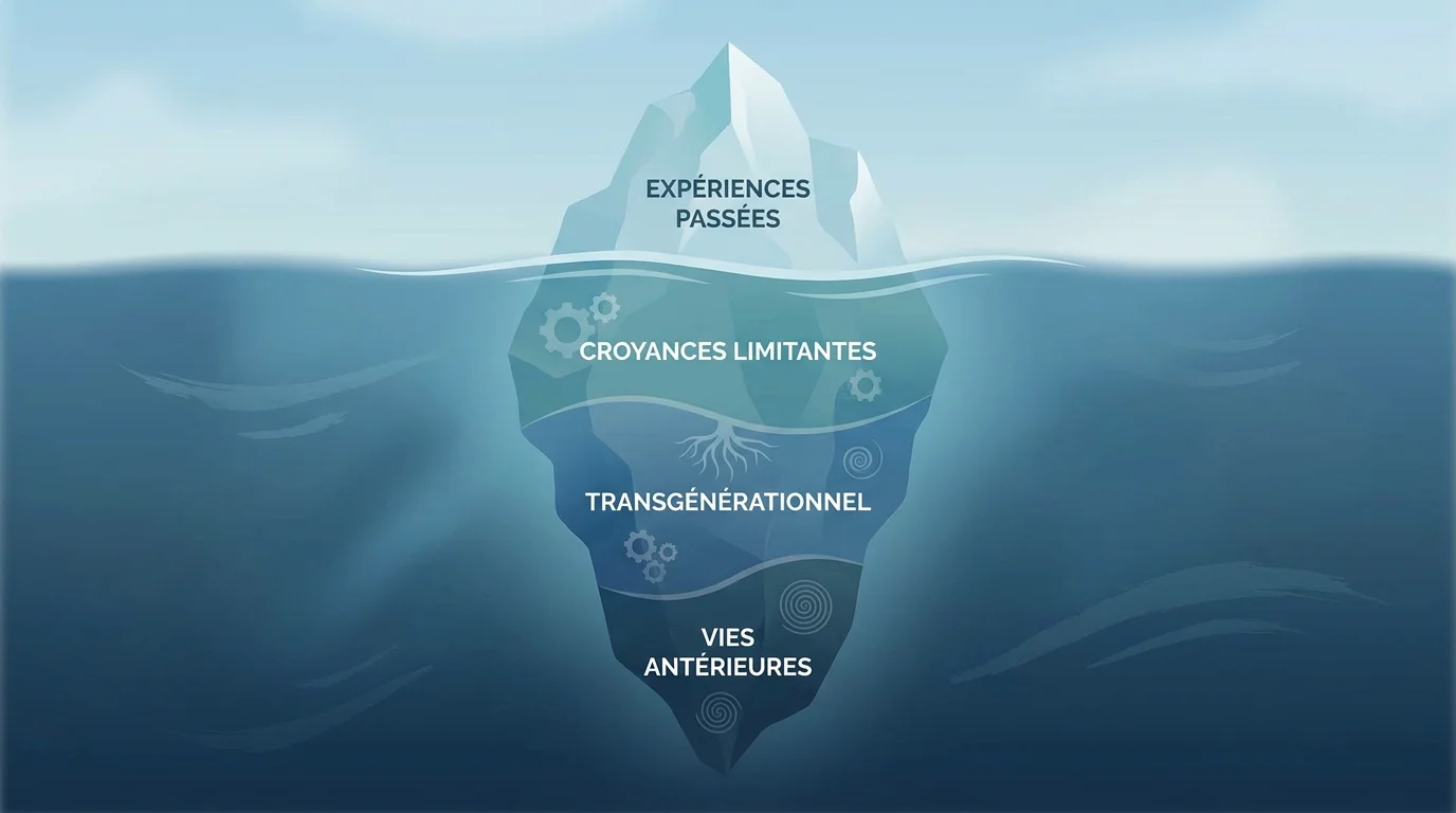 Iceberg illustrant les quatre niveaux de mémoires émotionnelles bloquées