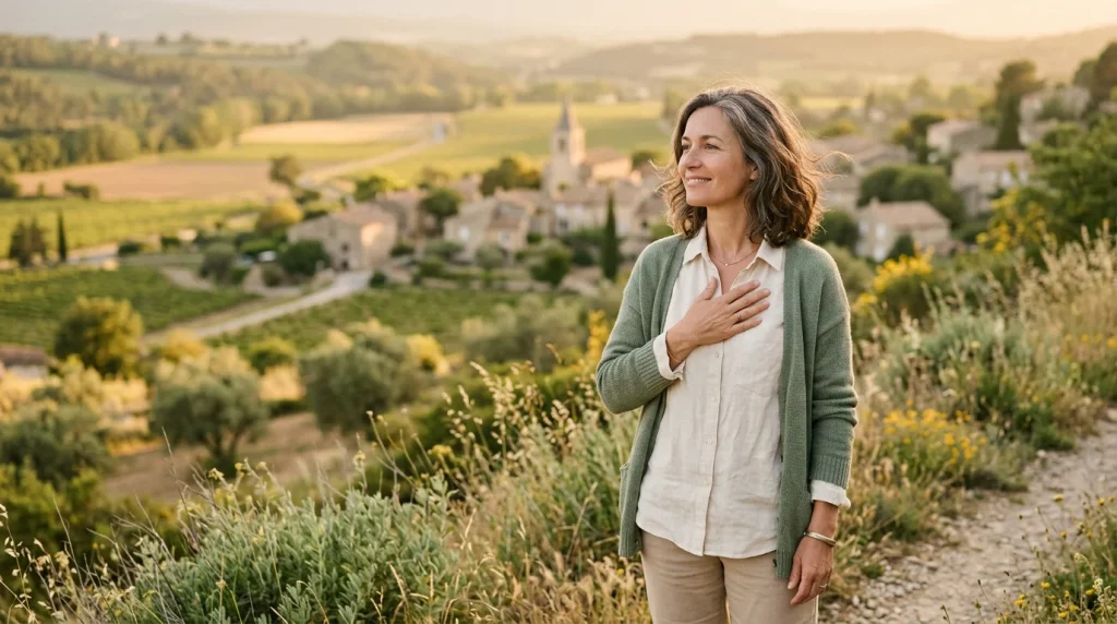 Femme apaisée au coucher du soleil, main sur le coeur, expression de libération