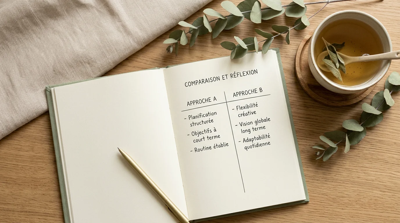 Bureau apaisant avec carnet, tisane et branches d'eucalyptus