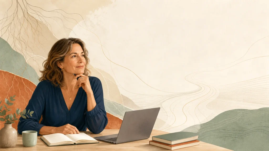 Entrepreneuse française mûre prenant de la hauteur sur son activité dans un espace lumineux