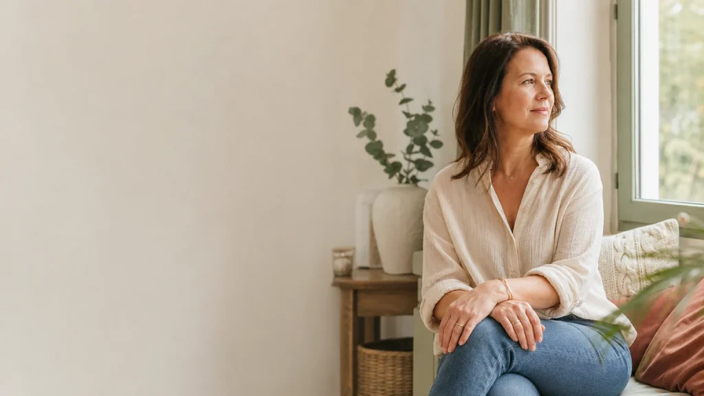 Femme prenant un moment de présence attentive près d’une fenêtre