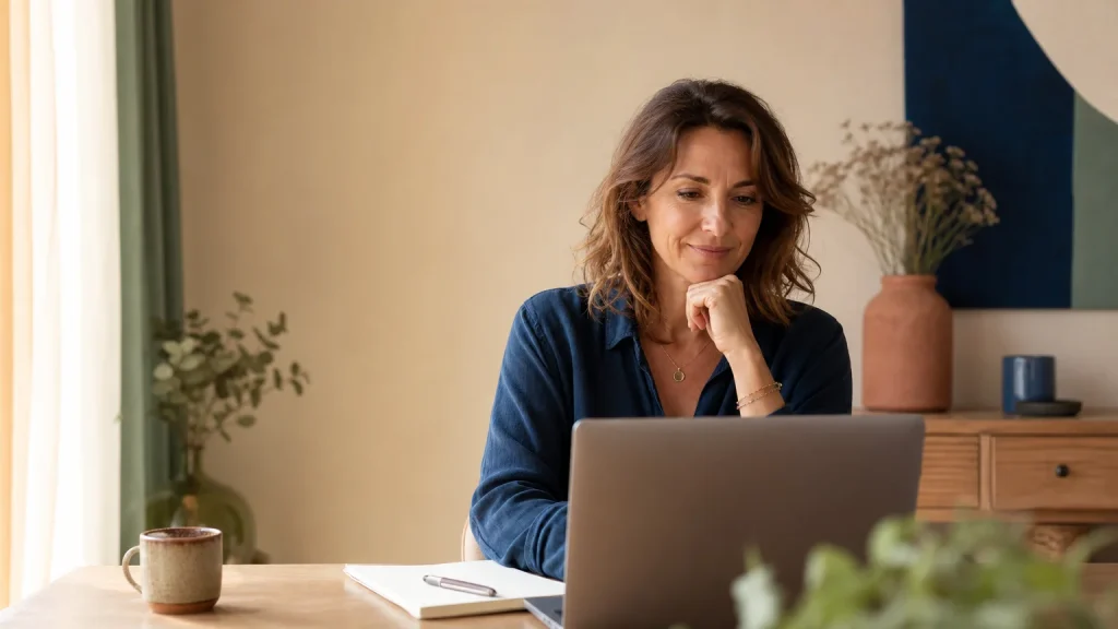 Femme en séance de coaching à distance dans un espace calme