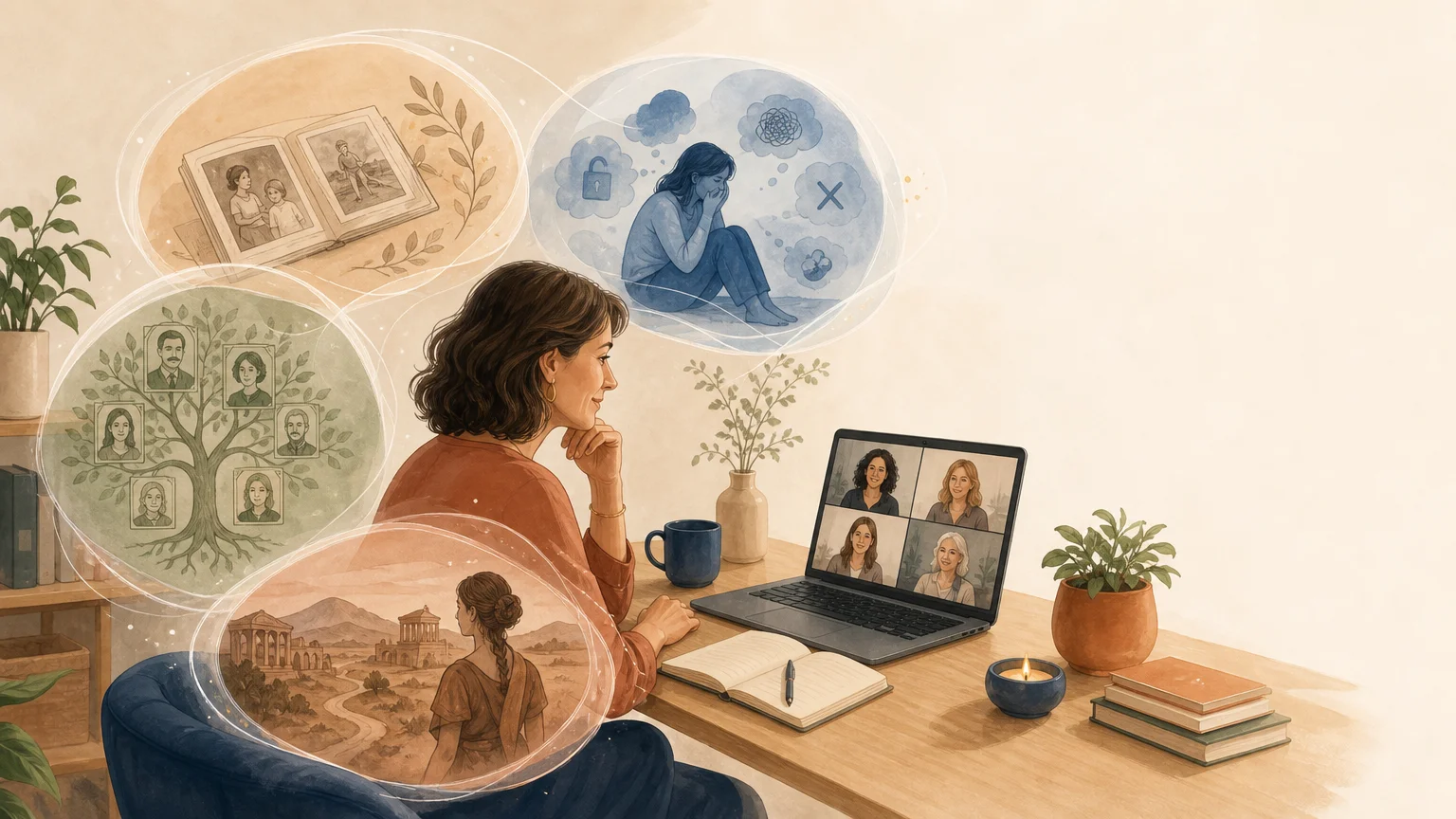 Illustration d’un accompagnement à distance explorant quatre niveaux de blocages intérieurs