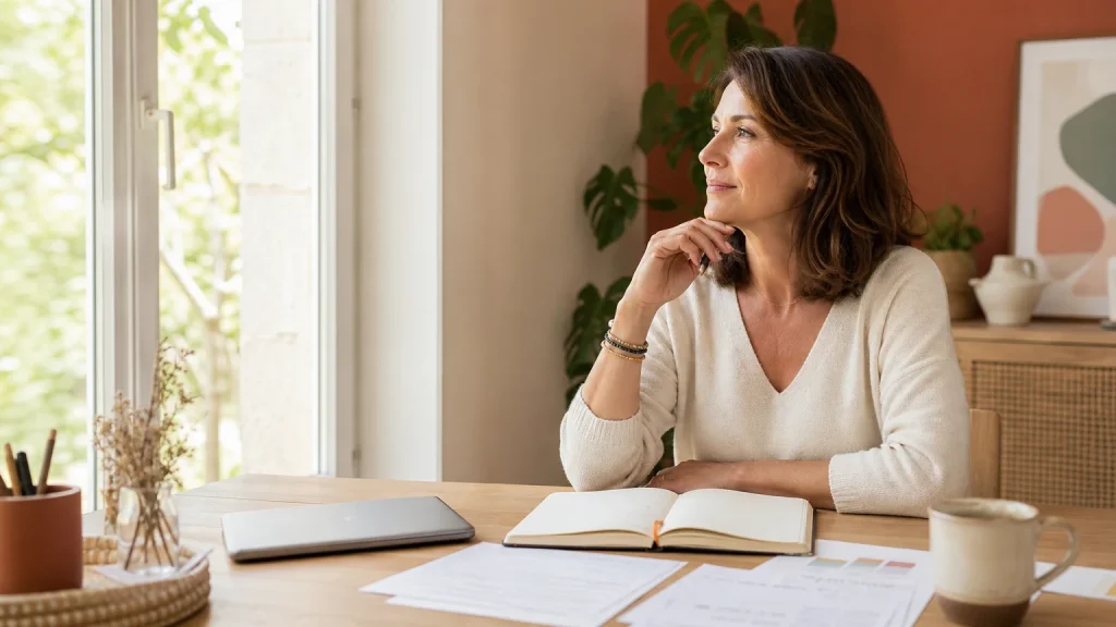 Entrepreneuse prenant du recul sur son activité professionnelle