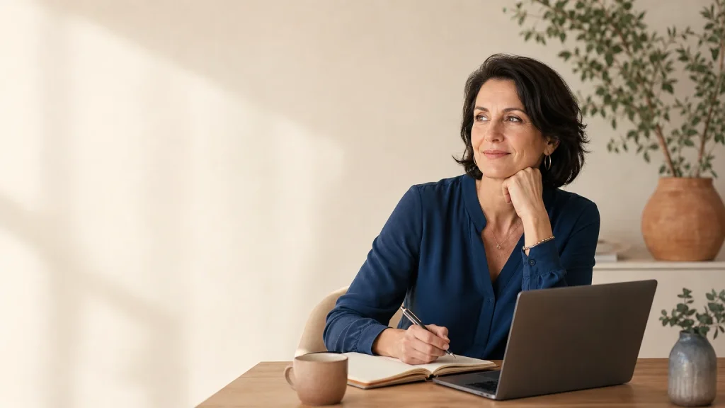 Femme adulte consultant une formation de développement personnel en ligne depuis son bureau