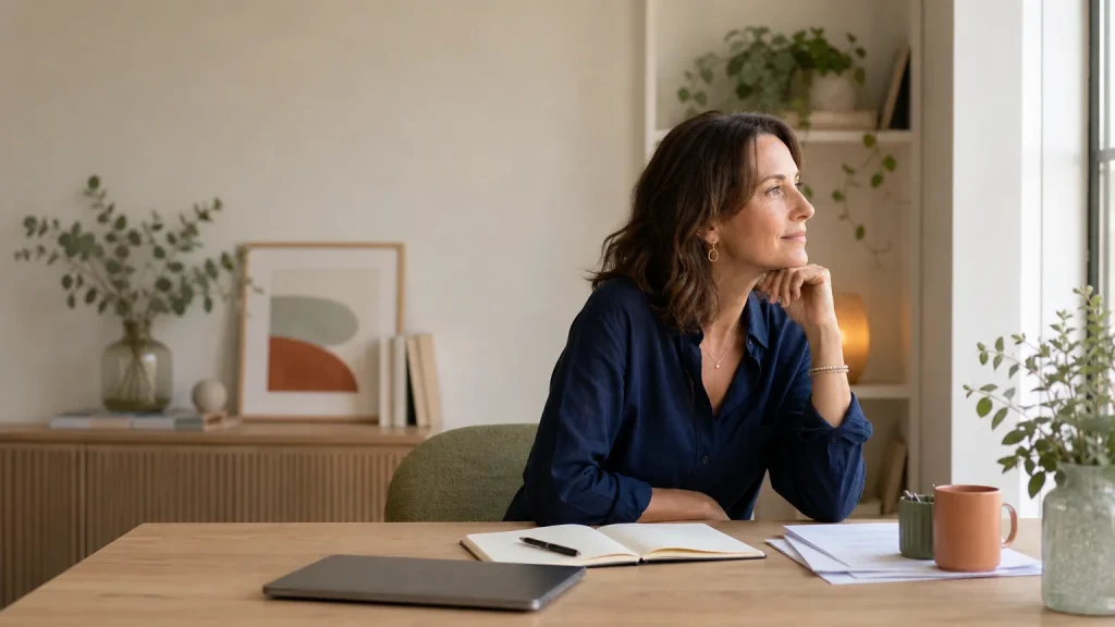 Femme adulte qui réfléchit à son choix de formation en ligne