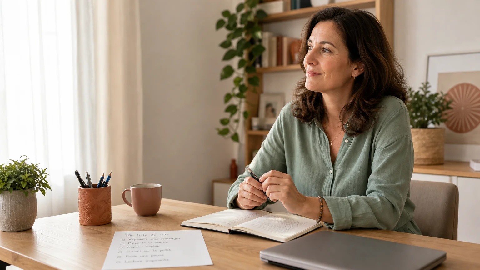 Femme adulte qui observe calmement les causes de sa procrastination dans un bureau lumineux