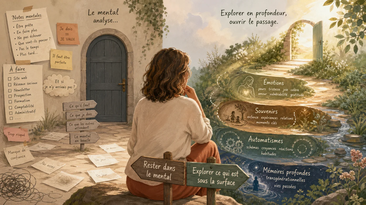 Illustration d’une femme face à un blocage conscient et à des automatismes plus profonds